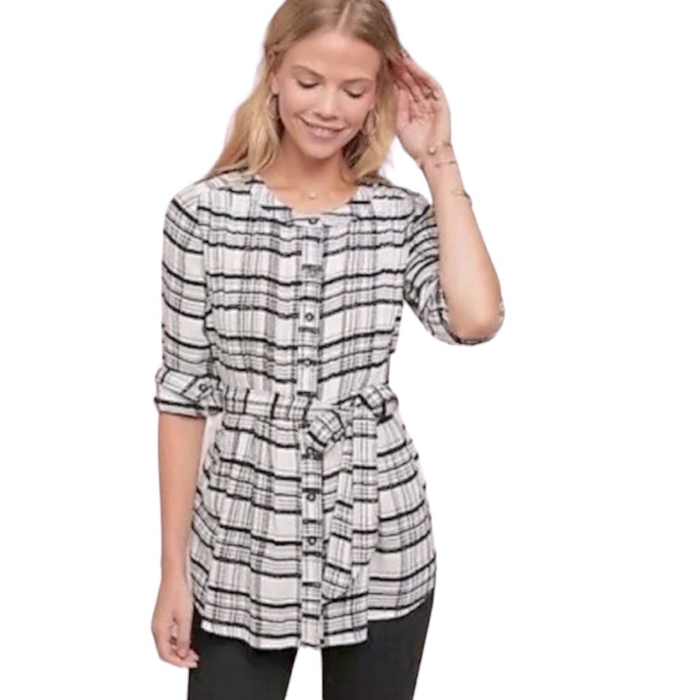 Anthropologie Plaid Belted Wool Blend Button Down Tunic Top‎ Size 14P